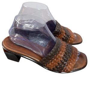 Sesto Meucci Italy Woven Leather Slide Sandals Brown Block Heel Womens 9.5M
